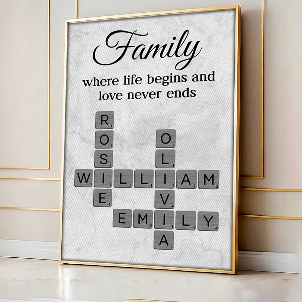 Family Where Life Begins and Love Never Ends Crossword - Personalised Poster - Sentimental Gift for Loved Ones