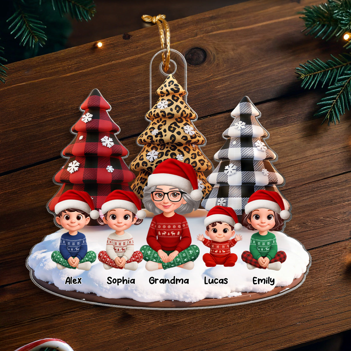 3D Effect Leopard Checkered Pattern Christmas Trees Grandma Grandkids Happy Together - Personalized Acrylic Ornament - Gift For Grandma, Grandkids