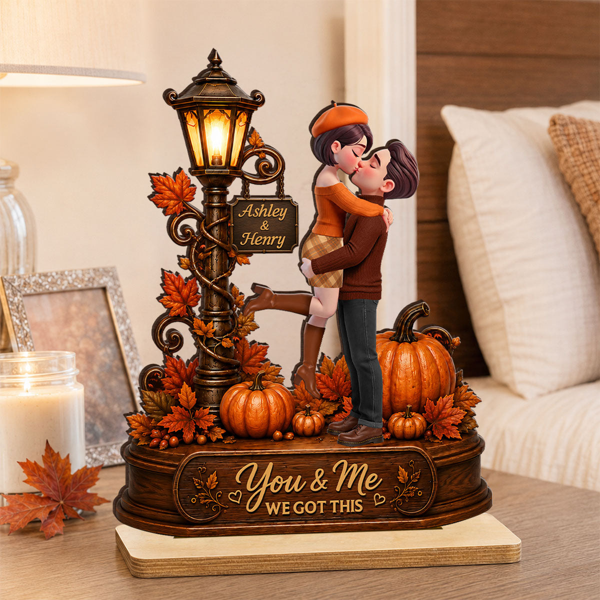 Couple Hugging Under Lamp Post Fall Season - Personalized 2-Layered Wooden Plaque - Heartfelt Gift for Her, for Him