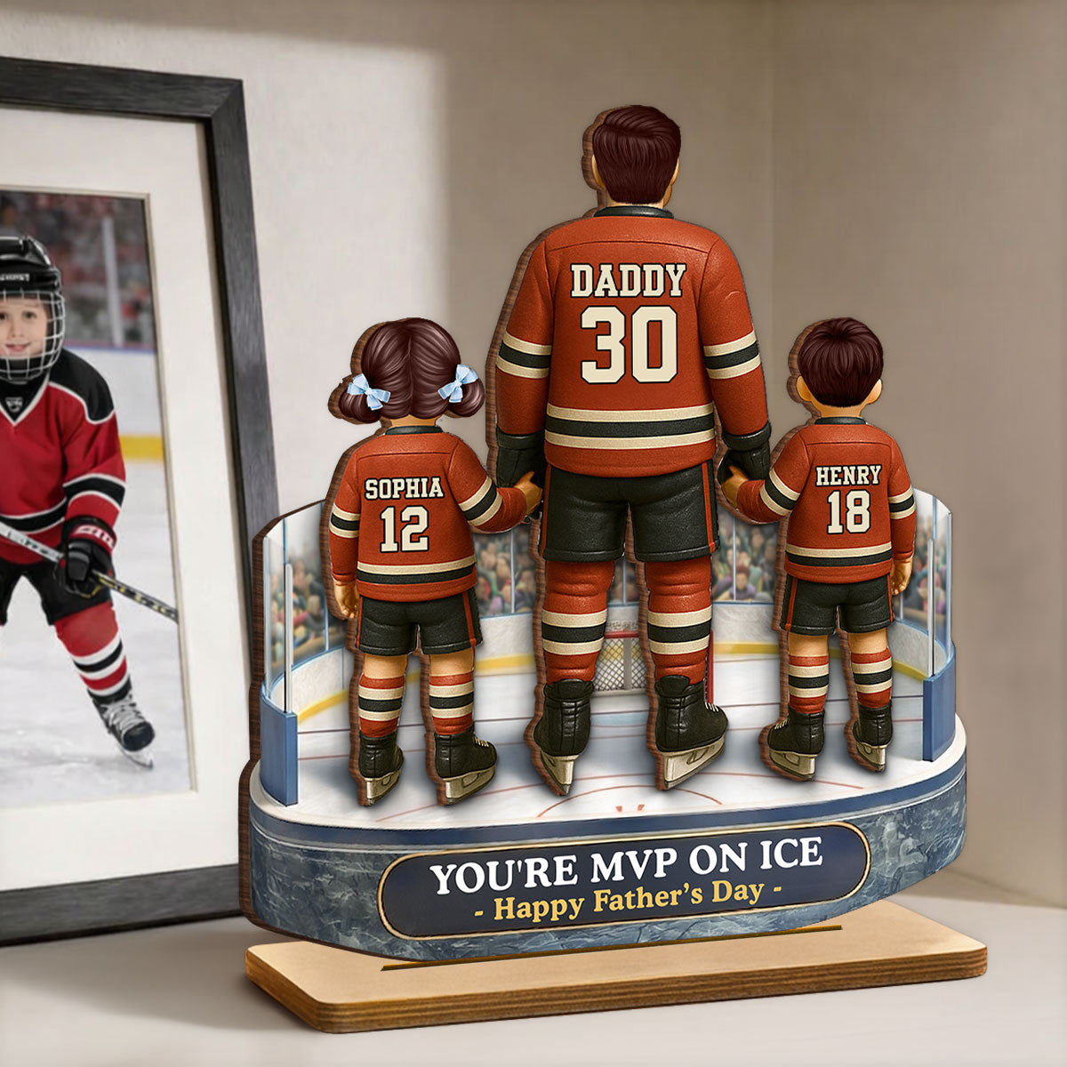 Hockey Dad And Kids On The Ice - Personalized 2-Layered Wooden Plaque - Gift For Hockey Dad, Gift For Husband