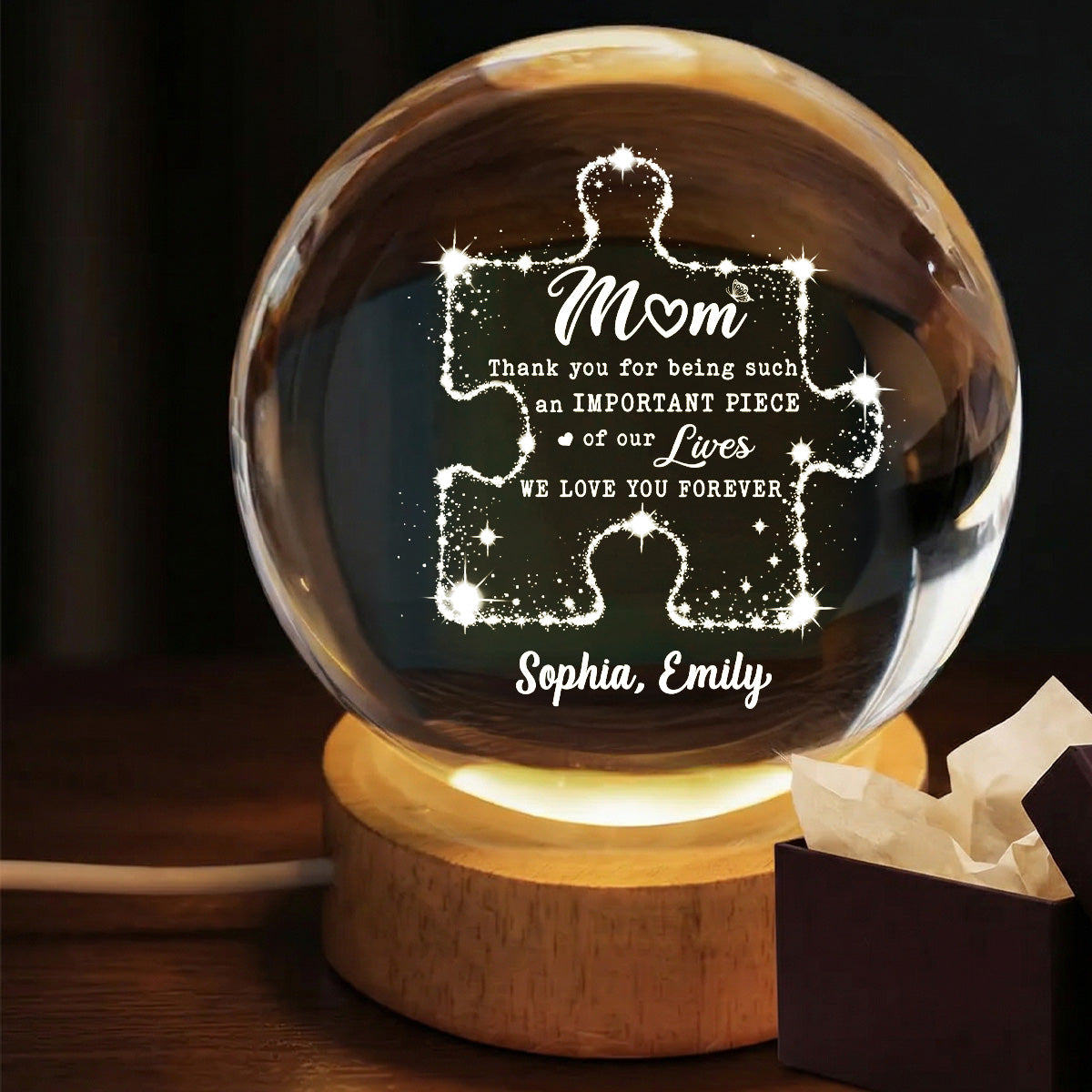 Mom Thank You Important Piece Of My Life - Personalized Crystal Ball LED Night Light - Gift For Mom
