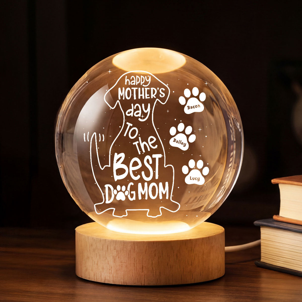 Happy Mother's Day Dog Mom - Personalized Crystal Ball LED Night Light - Heartfelt Mother's Day Gift for Wife
