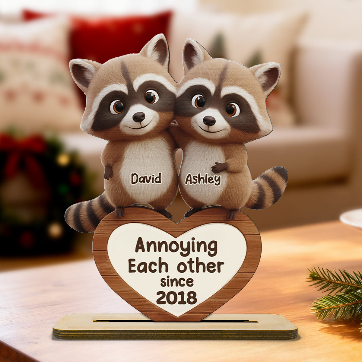 Raccoon Couple Annoying Each Other - Personalized Standing Wooden Plaque - Gift for Couple, Gift for him, Gift for her