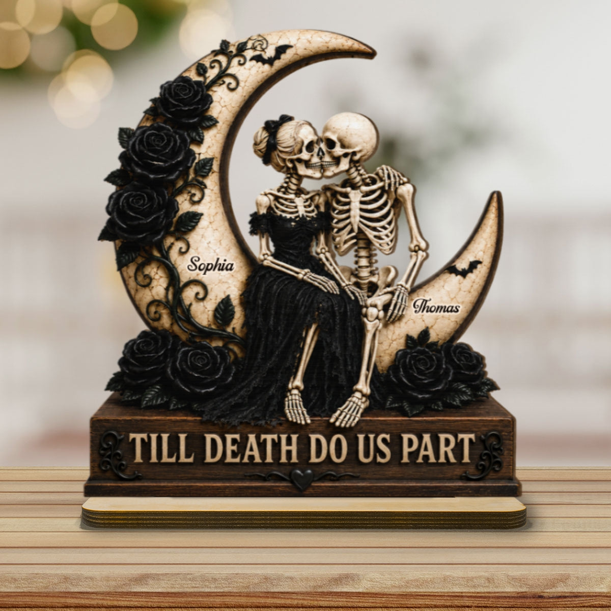 Till Death Do Us Part Skeleton Couple On Moon 2D Flat - Personalized 2-Layered Wooden Plaque - Halloween Decor For Couple