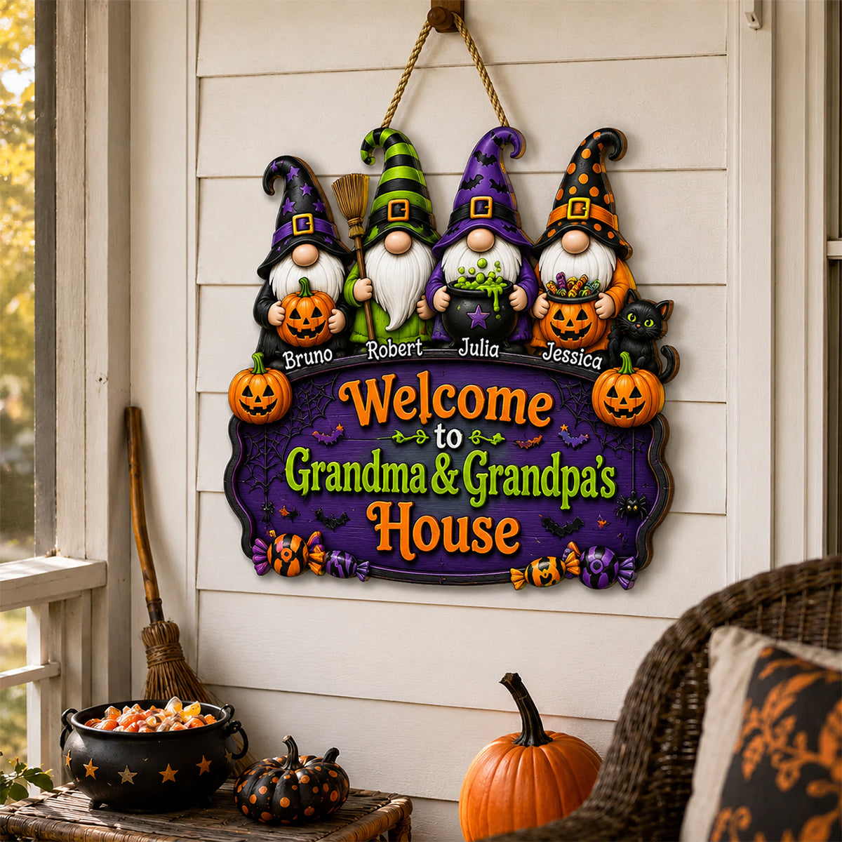 Halloween Gnome Welcome To Grandma Grandpa House - Personalized Door Sign - Halloween Decor Gift, Gift For Grandma, Grandpa