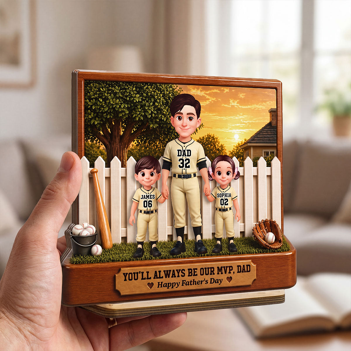 Baseball Dad And Kids Backyard We Caught The Best Dad - Personalized 2-Layered Wooden Plaque -  Gift For Dad
