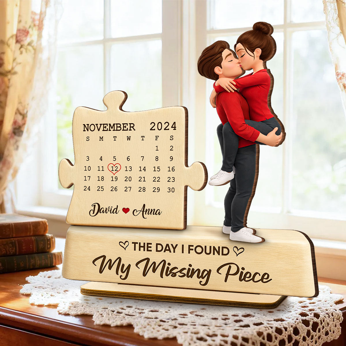 The Missing Piece Couple Kissing - Personalized 2-Layered Wooden Plaque - Anniversary, Valentine's Day Gift, Gift For Him, Gift For Her