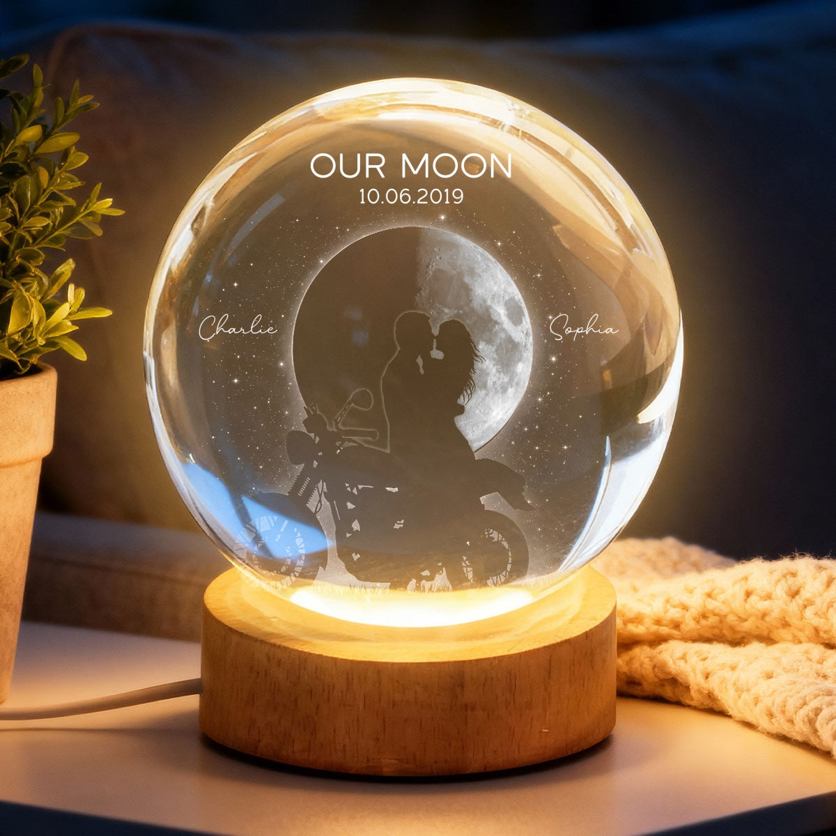 Biker Couple in the Moonlight, Custom Moon Phase by Date - Personalized Crystal Ball LED Night Light - Heartfelt Valentine's Day Gift for Her, for Him