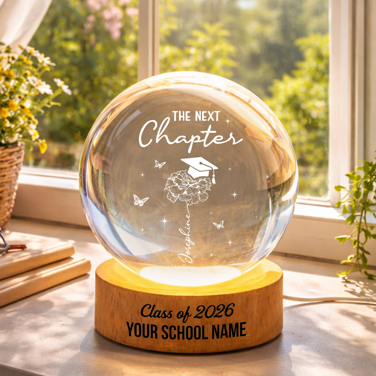 Graduation Birth Month Flower New Chapter - Personalized Crystal Ball LED Night Light - Graduation Gift, Keepsake For Daughter, Granddaughter