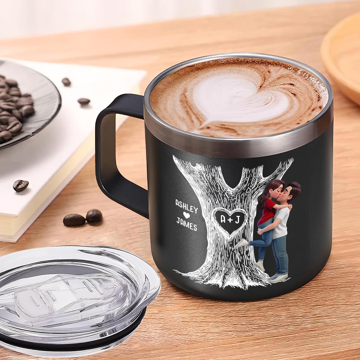Eternal Love Couple Hugging Kissing Heart Carved Tree Of Love Initials - Personalized Tumbler With Handle - Heartfelt Valentine, Anniversary Gift For Him, For Her