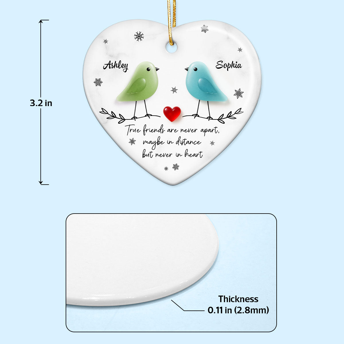 Friends Are Never Apart 3D Effect Sea Glass - Personalized Ceramic Ornament - Christmas Gift for Friends, Besties