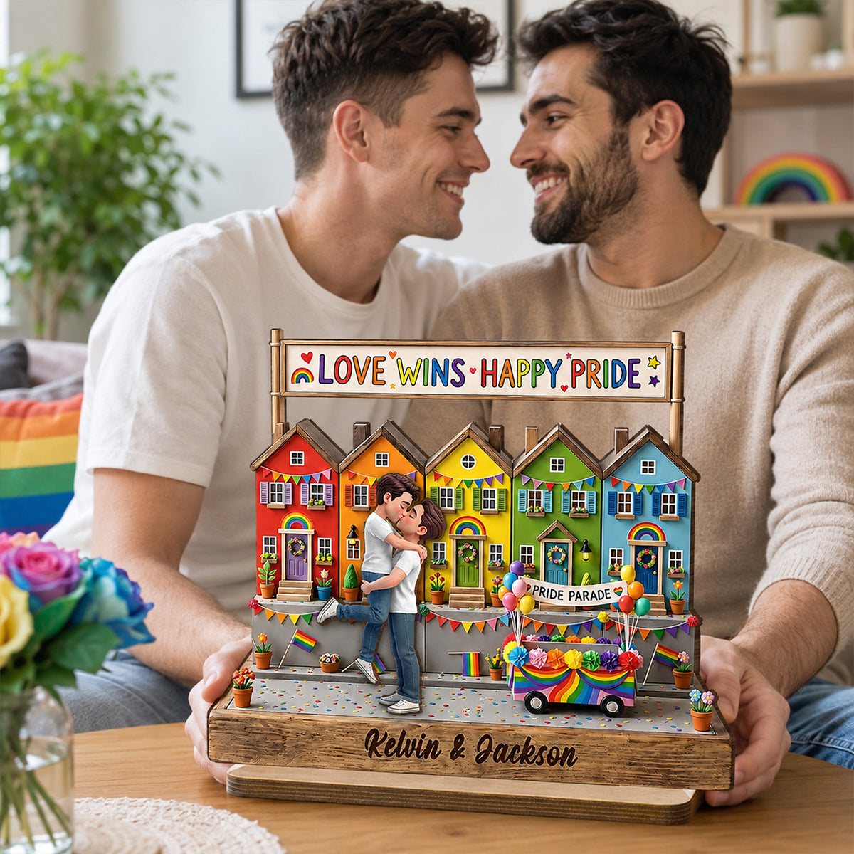 Love Wins LGBT+ Couple - Personalized 2-Layered Wooden Plaque - Gift For Couple, Happy Pride Month