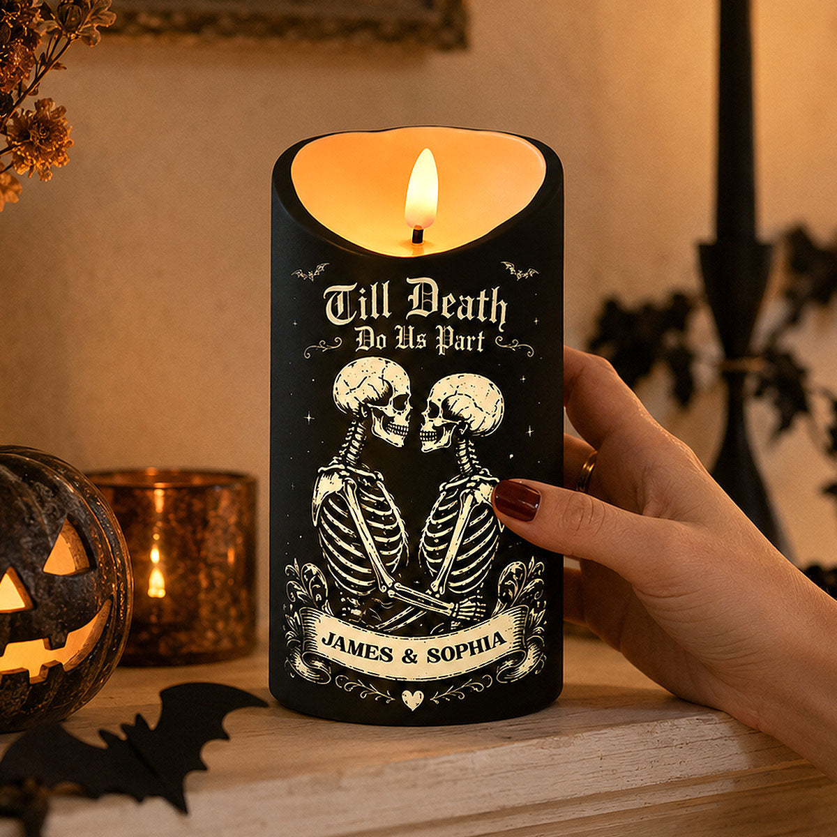 Till Death Do Us Part Skeleton Couple Black Theme - Personalized LED Candle - Halloween Decor For Couple