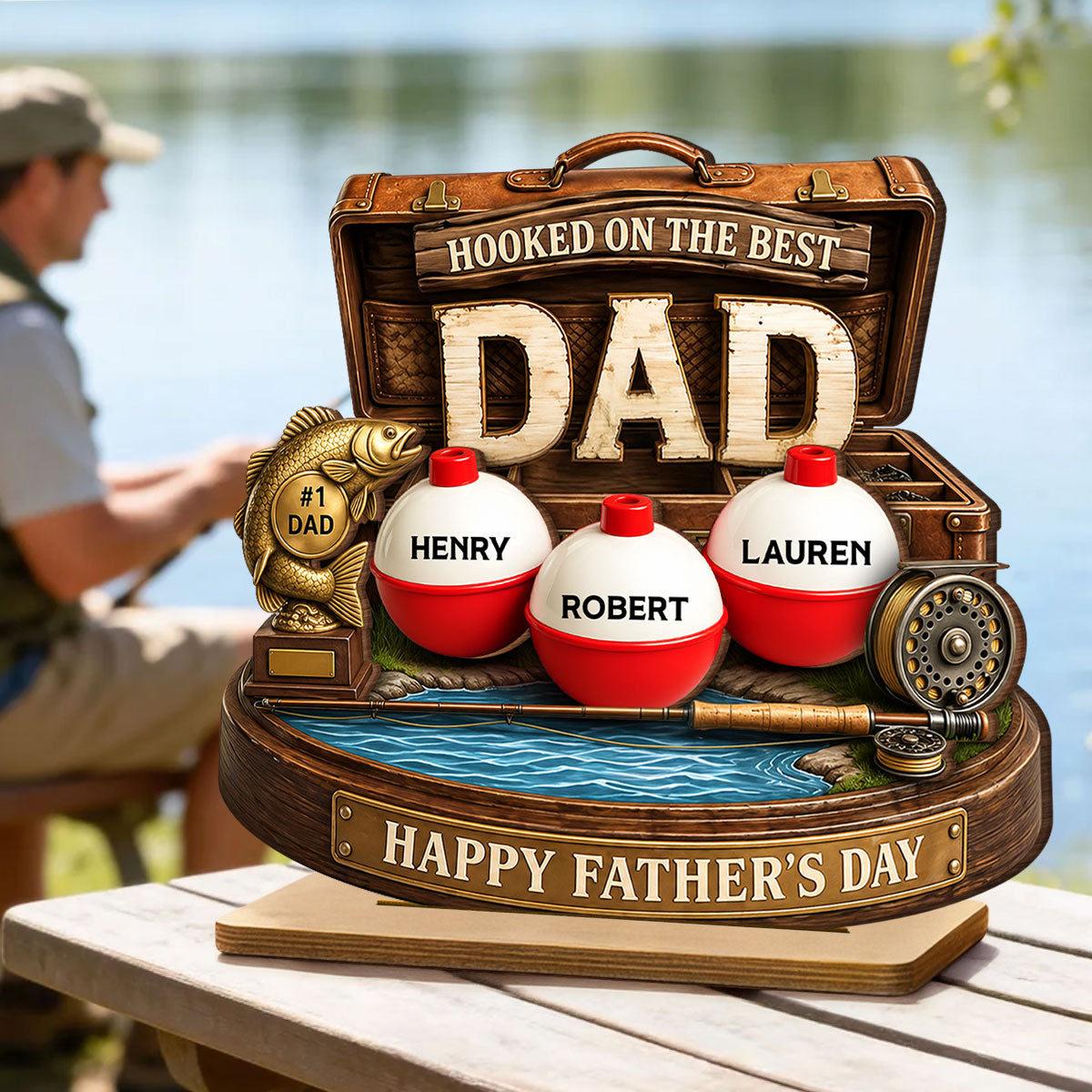 Hooked On The Best Dad Fishing - Personalized 2-Layered Wooden Plaque - Heartfelt Gift For Fishing Dad, Gift For Husband