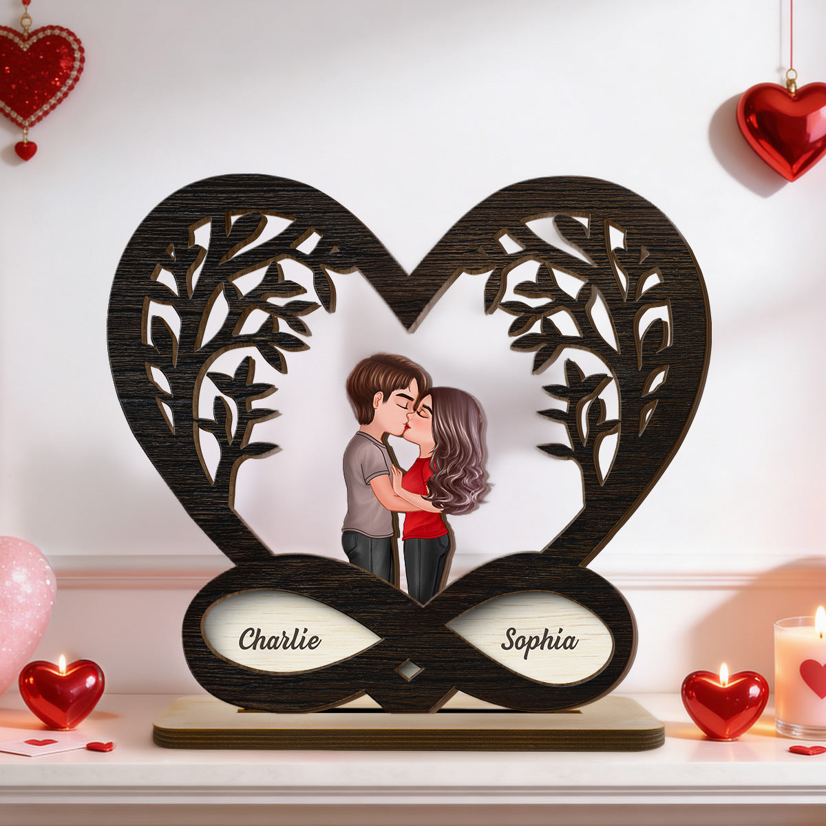 Couple Kissing Under Tree Rustic Infinity Heart - Personalized 2-Layer Wooden Plaque - Valentine's Day, Anniversary Gift For Him, For Her