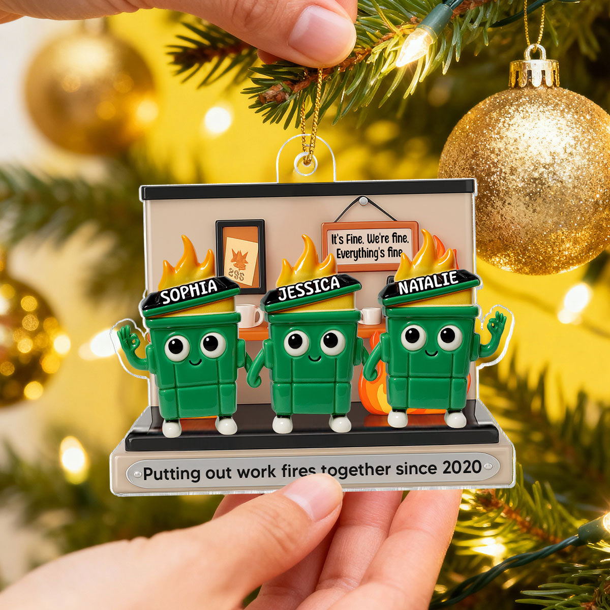 [BUY 1 GET 1 FREE] 3D Effect Dumpster Fires In Office Scene - Personalized Acrylic Ornament - Funny Gift For Colleagues, Work Besties