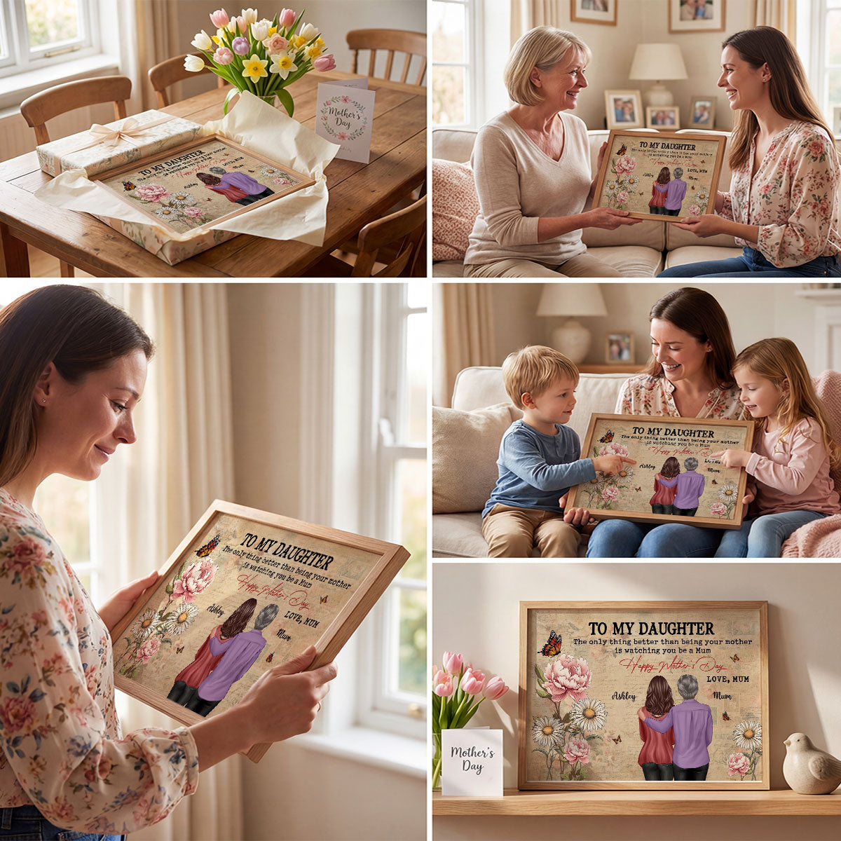 To My Daughter From Mum Vintage Floral Newspaper Birth Month Flower - Personalised Poster - UK Mother's Day