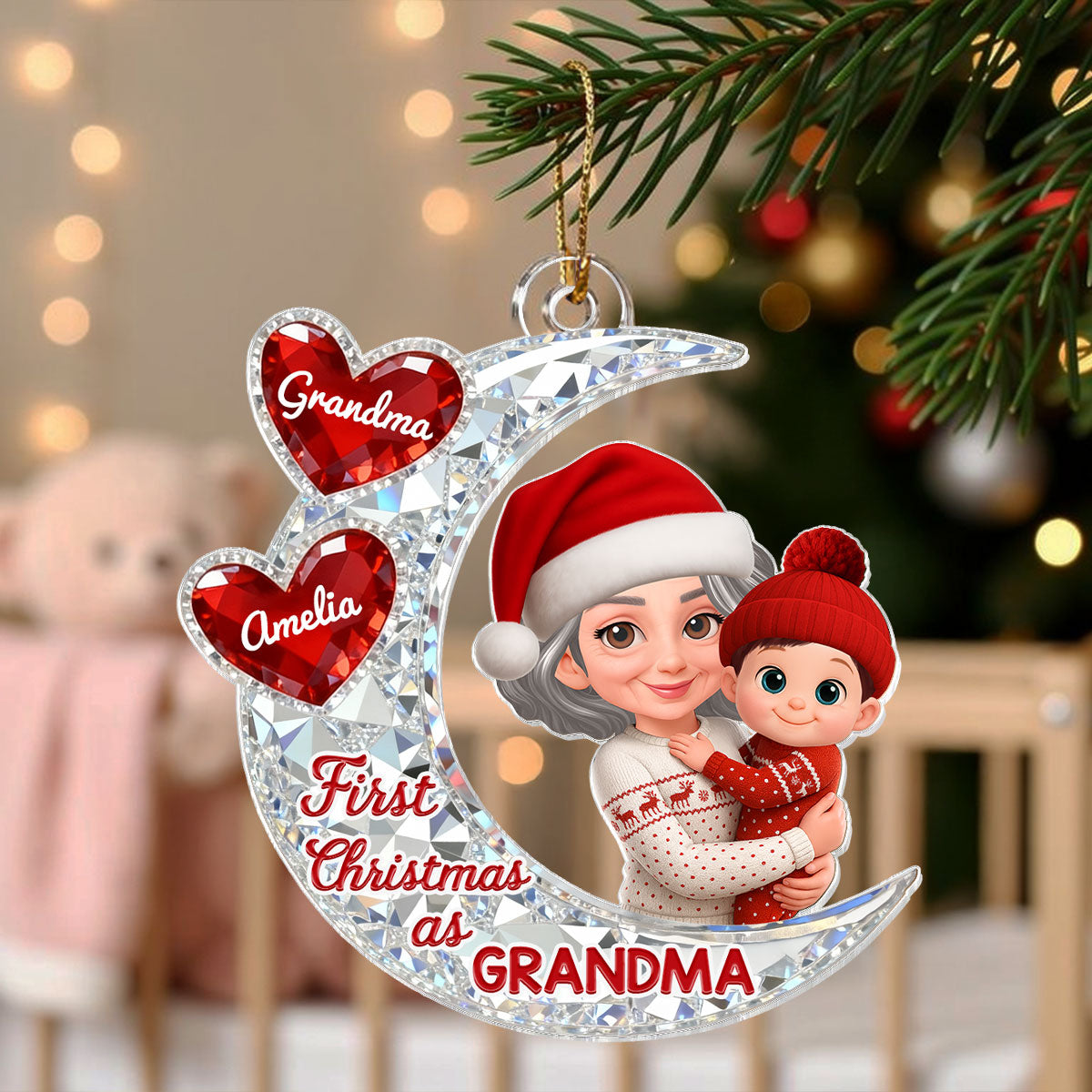 3D Effect Flat Moon First Christmas With New Baby - Personalized Acrylic Ornament - Christmas Gift For New Grandma, New Mom