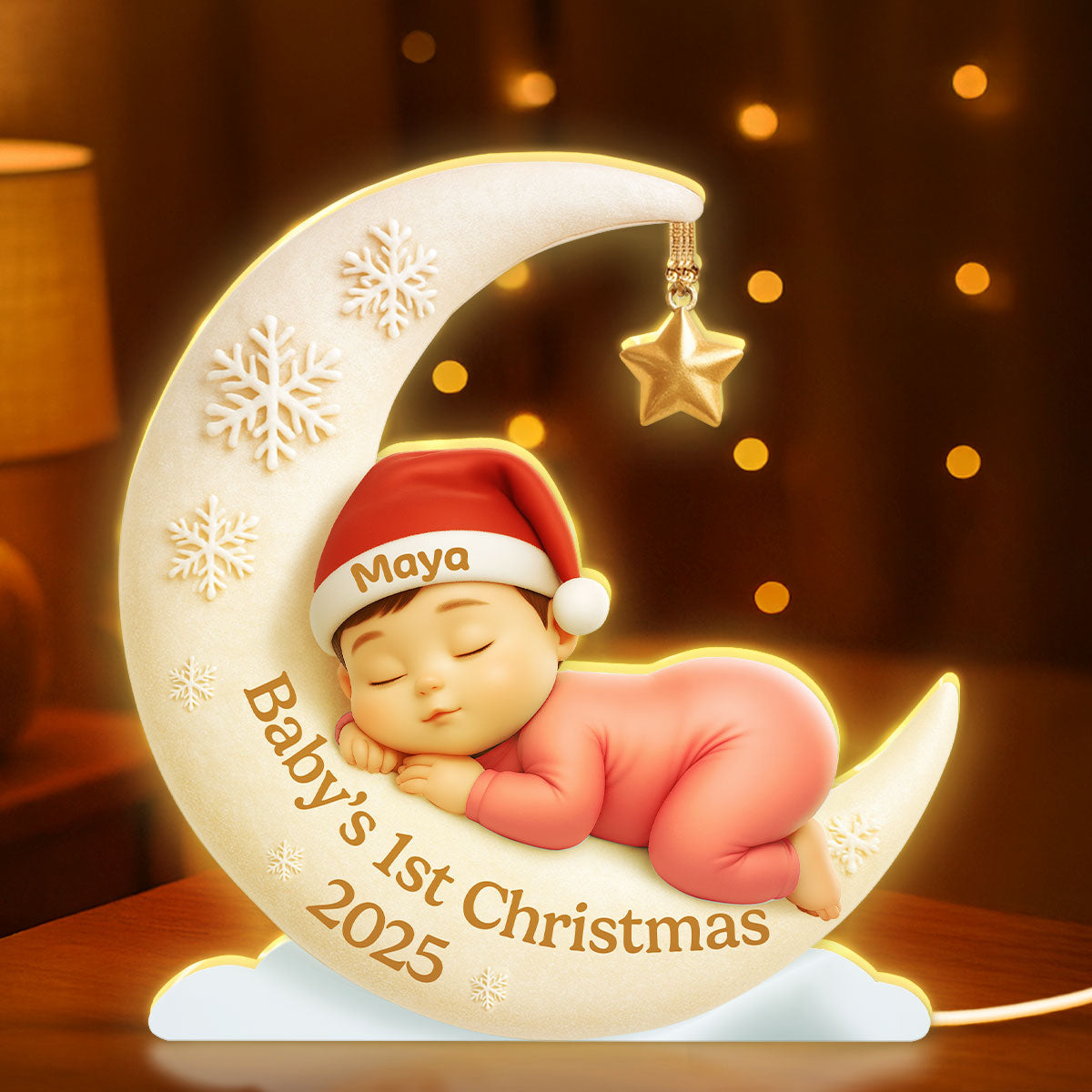 Baby Sleeping on Moon Nursery Lamp - Personalized Light Box - Baby's First Christmas Keepsake, Gift for Grandkids, Baby, Newborn