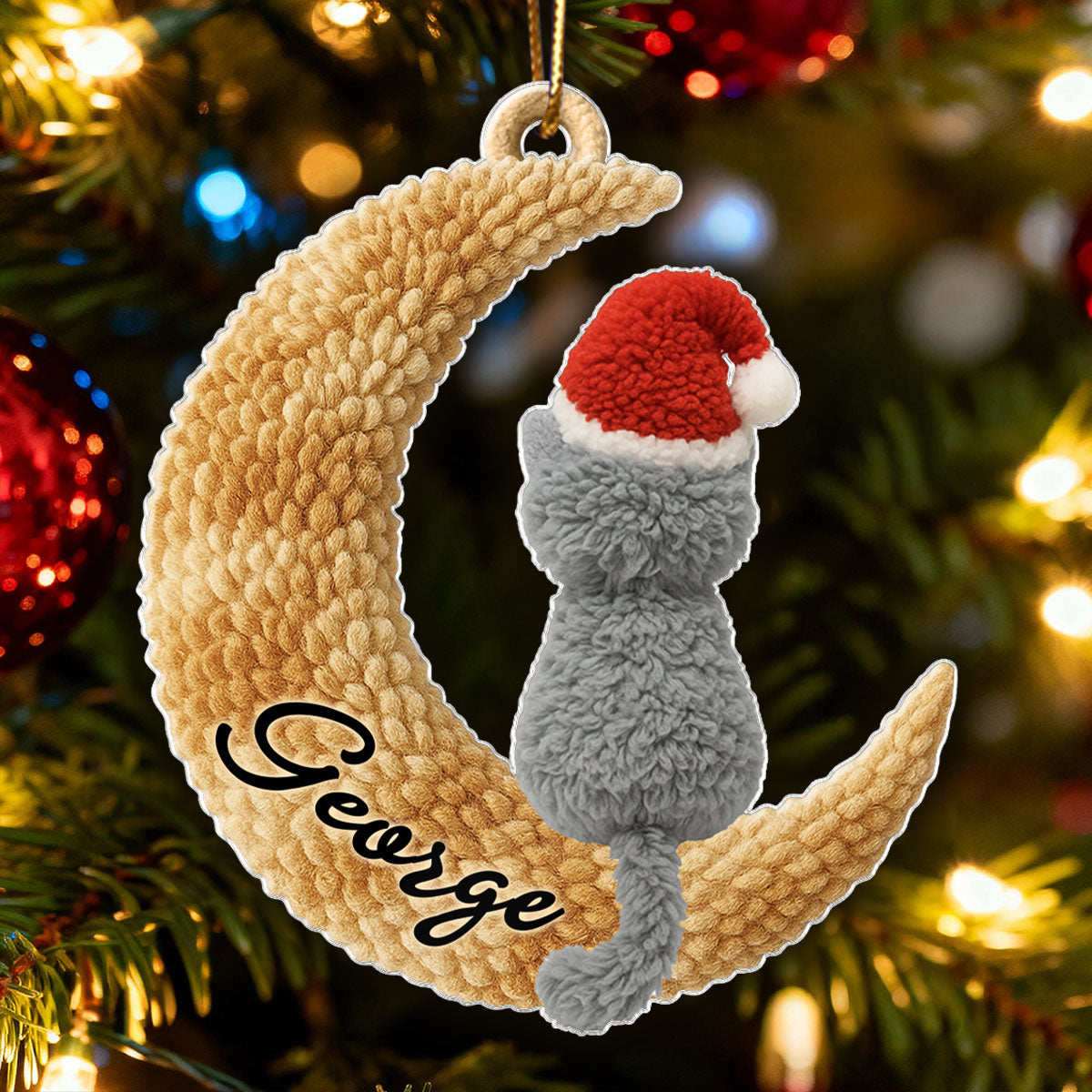 Cats Sitting on Moon Latch Hook Yarn Faux - Personalized Acrylic Ornament - Christmas Gift for Cat Lovers