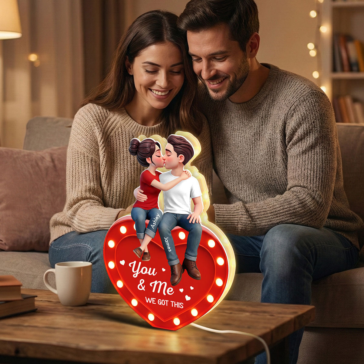 Everlasting Heart LOVE Couple Sitting Kissing - Personalized Light Box - Valentine's Day Gift For Couple, For Him, For Her