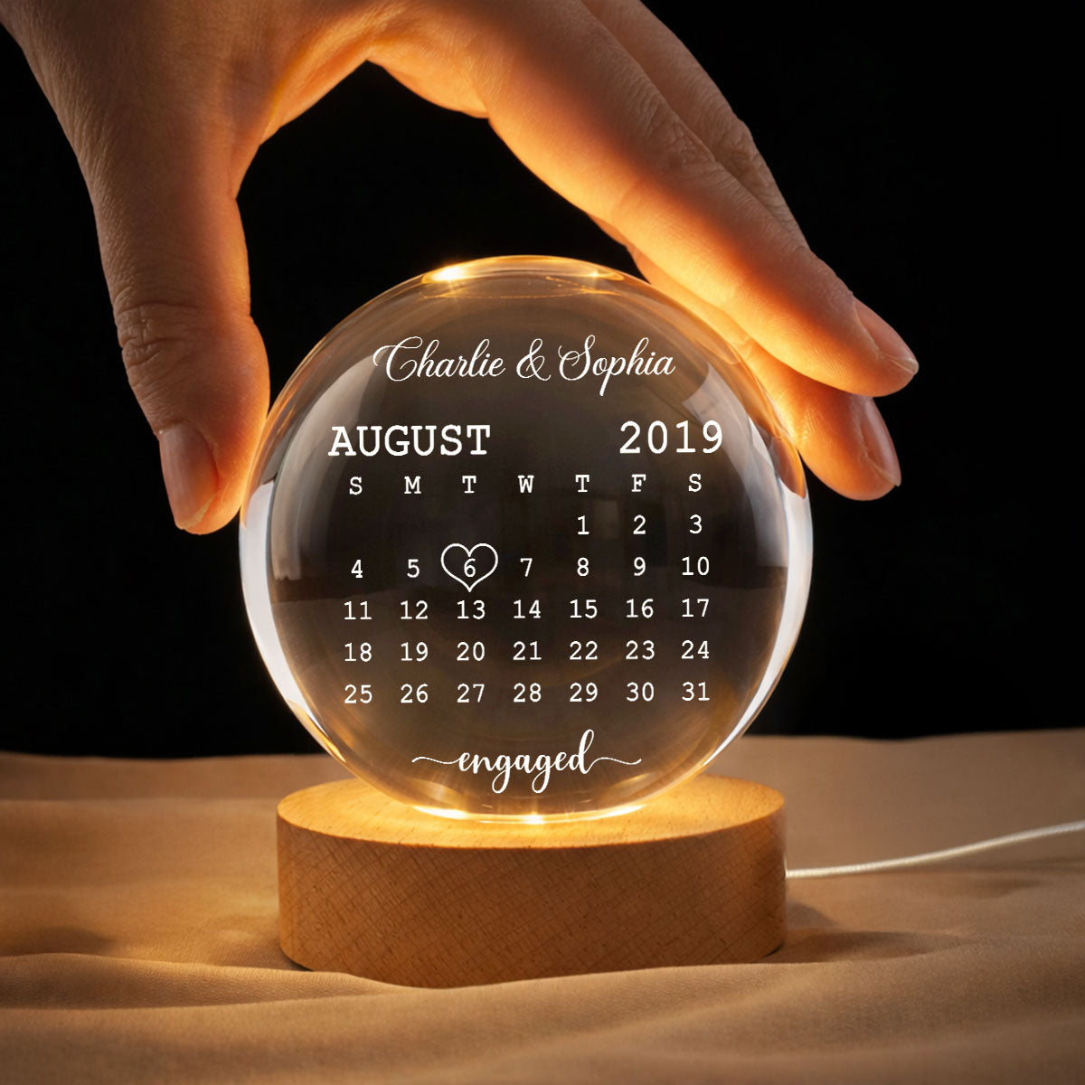 Calendar Engagement Couple - Personalized Crystal Ball LED Night Light - Anniversary, Valentine's Day Gift, Gift For Him, Gift For Her