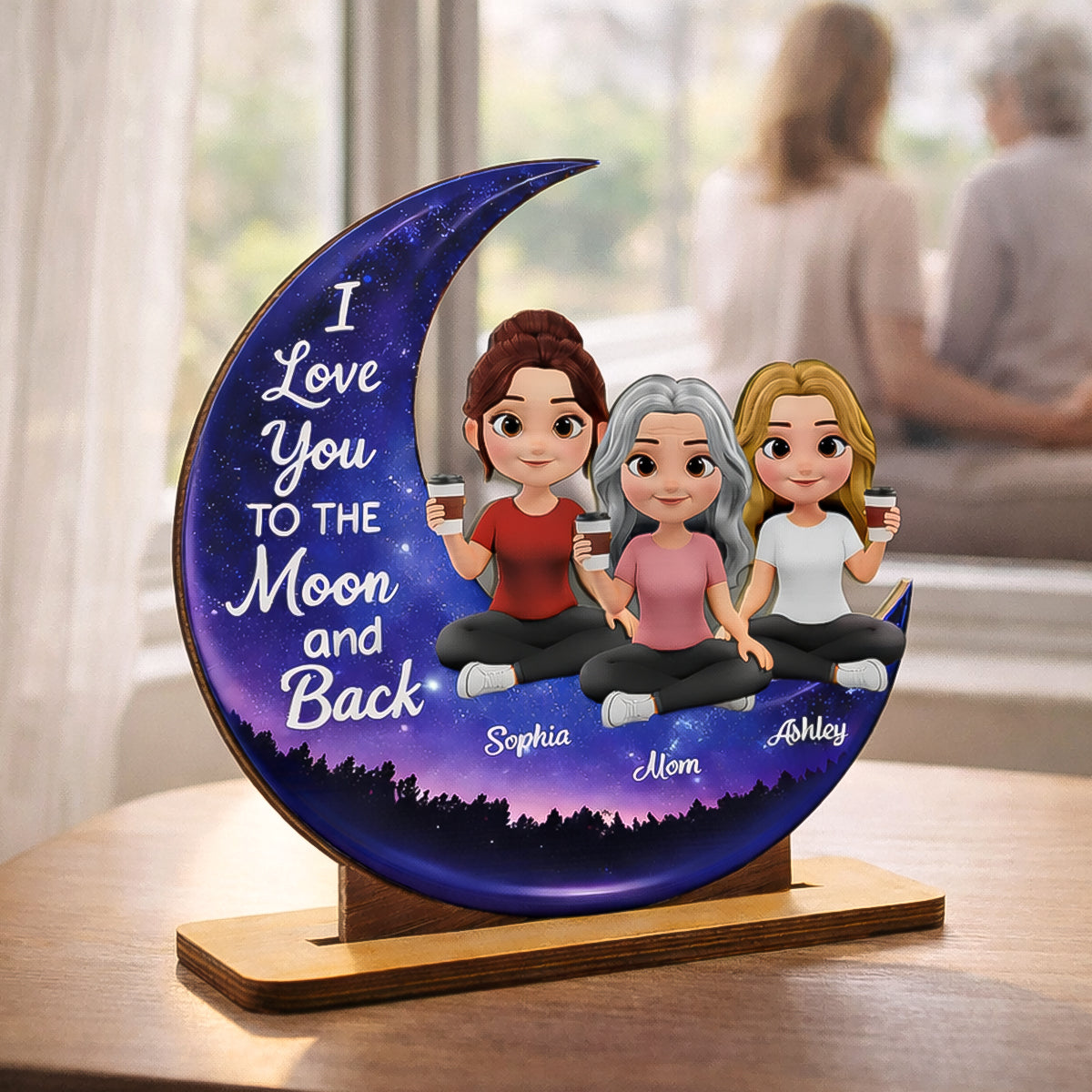 Mom And Daughters Love You To The Moon And Back - Personalized 2-Layered Wooden Plaque - Heartfelt Gift For Mom, Grandma