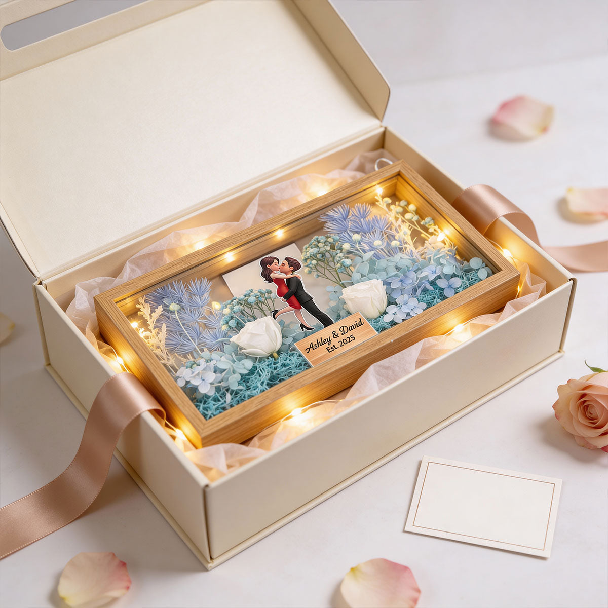 Romantic Couple Hugging Kissing - Personalized DIY Flower Shadow Box LED Night Light - Gift For Couple, For Him, For Her
