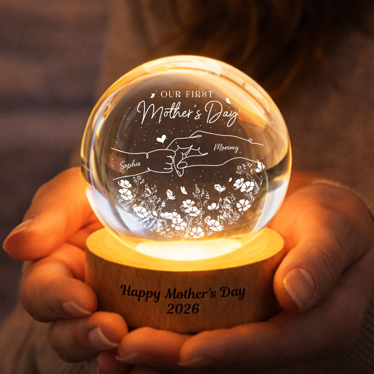 First Mother's Day Photo - Personalized Crystal Ball LED Light Night - Mother's Day Gift for Mom, Wife