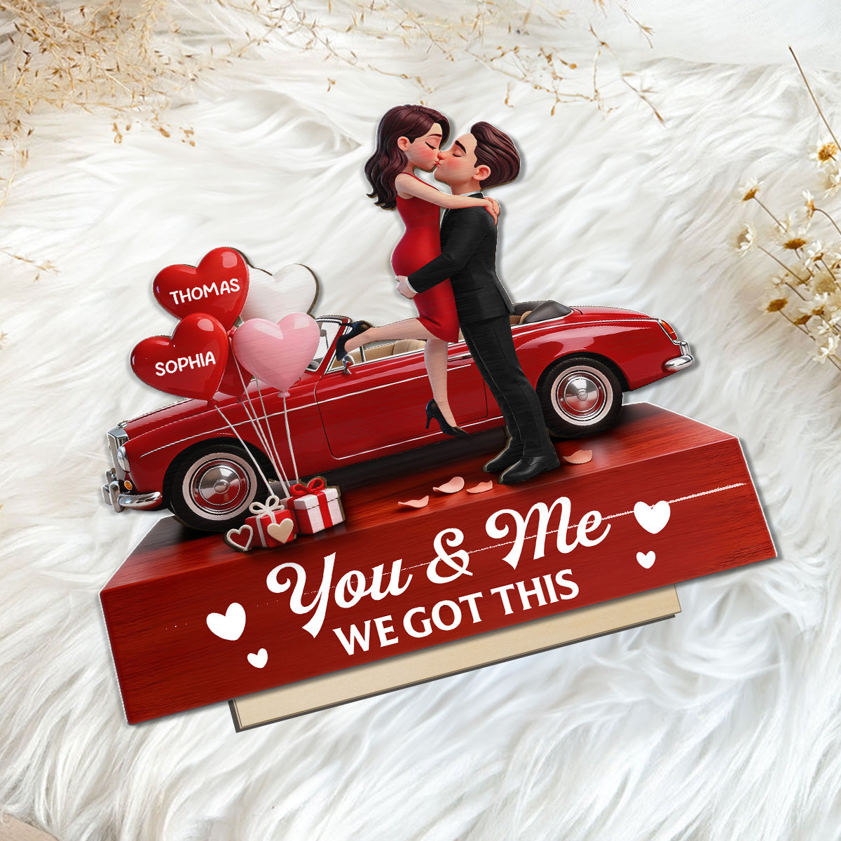 Valentine Car Romantic Couple Hugging Kissing - Personalized 2-Layered Wooden Plaque - Valentine's Day Gift For Couple