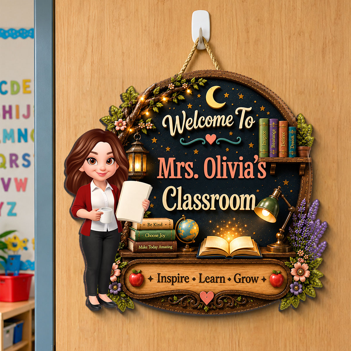 Inspire Grow Learn Fantasy Teacher - Personalized Wood Sign - Back To School Gift For Teacher, Classroom Decor