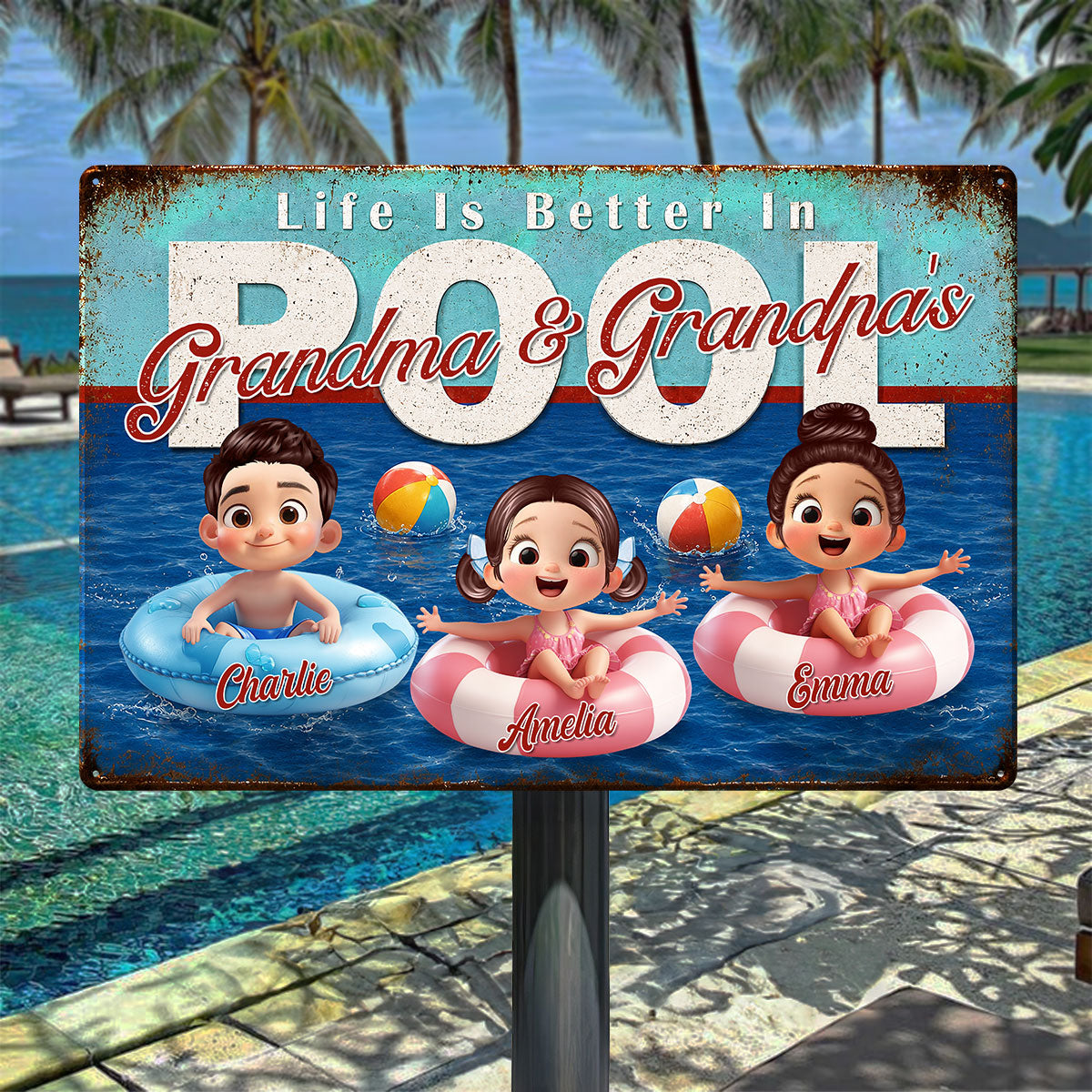 Life is Better in Grandma Grandpa's Pool - Personalized Metal Sign - Summer Decor Gift for Grandma, Grandparents
