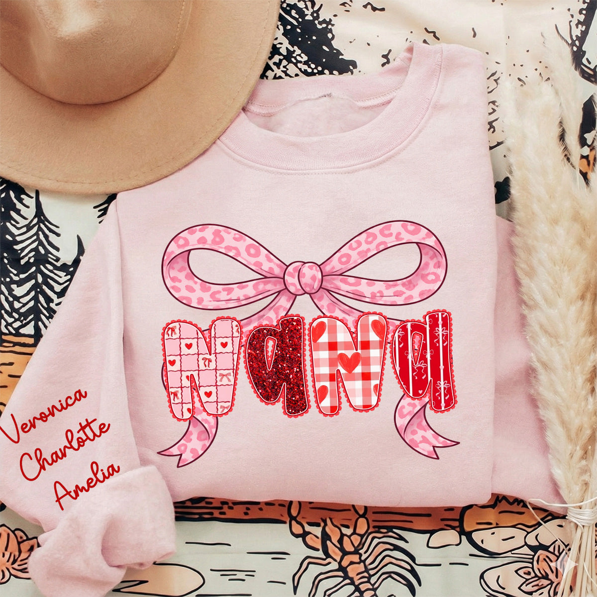 Preppy Valentine Pattern Grandma Mom Nana With Kids Name - Personalized Sleeve Printed Sweatshirt - Valentine's Day Gift For Grandma