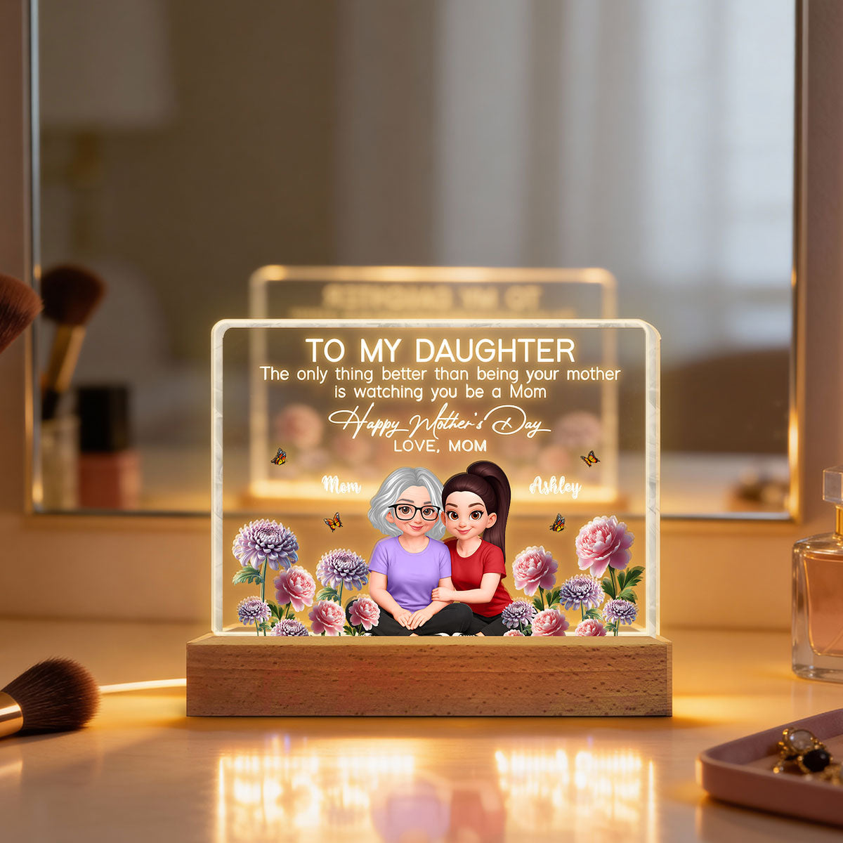 To My Daughter Happy Mother's Day Custom Birth Month Flower - Personalized Acrylic Block LED Plaque - Mother's Day Gift For Daughter
