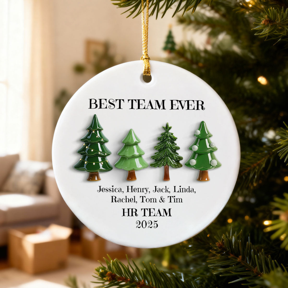 Best Team Ever Christmas Tree Line 3D Effect - Personalized Ceramic Ornament - Gift For Colleagues, Coworkers