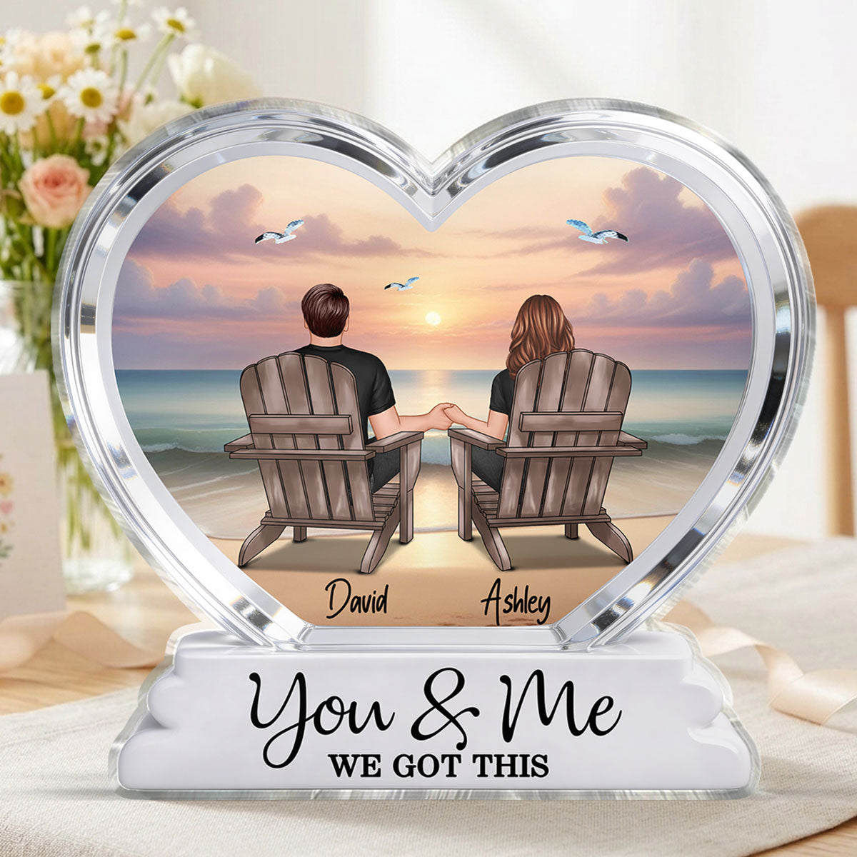 Couple Sitting Back View Beach Landscape 2D Flat - Personalized Acrylic Block Plaque - Anniversary, Birthday Gift For Him, Gift For Her