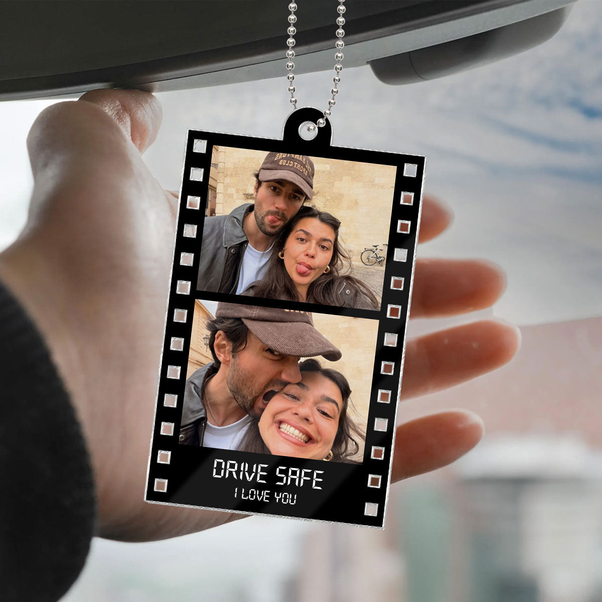 Drive Safe Couple Custom Photo Film Strip Style - Personalized Acrylic Car Ornament - Gift For Him, Gift For Her