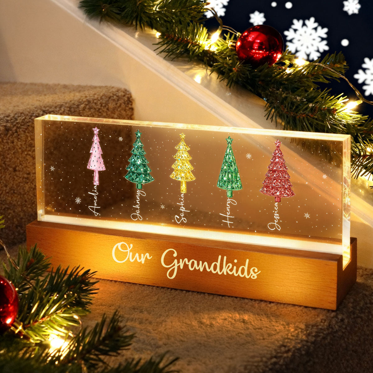 My Grandkids 3D Crystal Effect Christmas Tree - Personalized Acrylic Block Plaque LED Night Light - Christmas Gift for Grandma