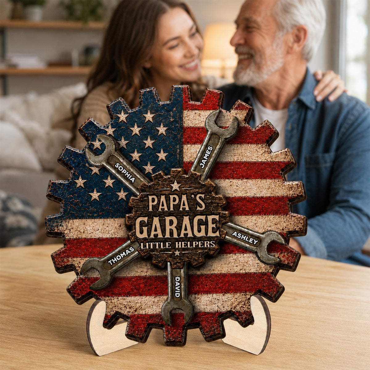 Rustic Workshop Little Helpers Nation Flag Theme 2D Flat - Personalized 2-Layered Wooden Plaque -  Gift For Patriotic Mechanic Dad, Grandpa