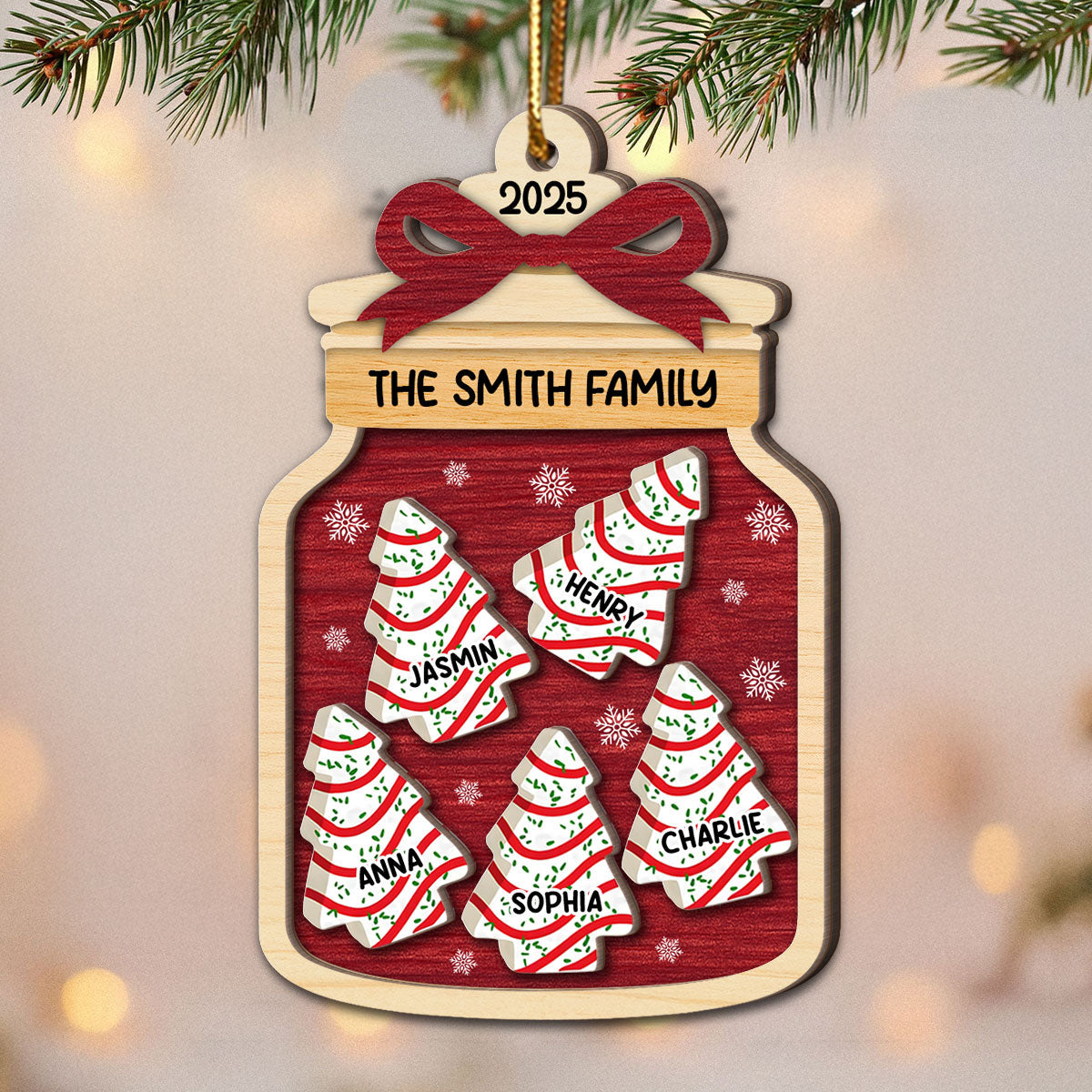 3D Effect Festive Christmas Family Mason Jar Christmas Tree Cakes - Personalized 2-Layered Wooden Ornament