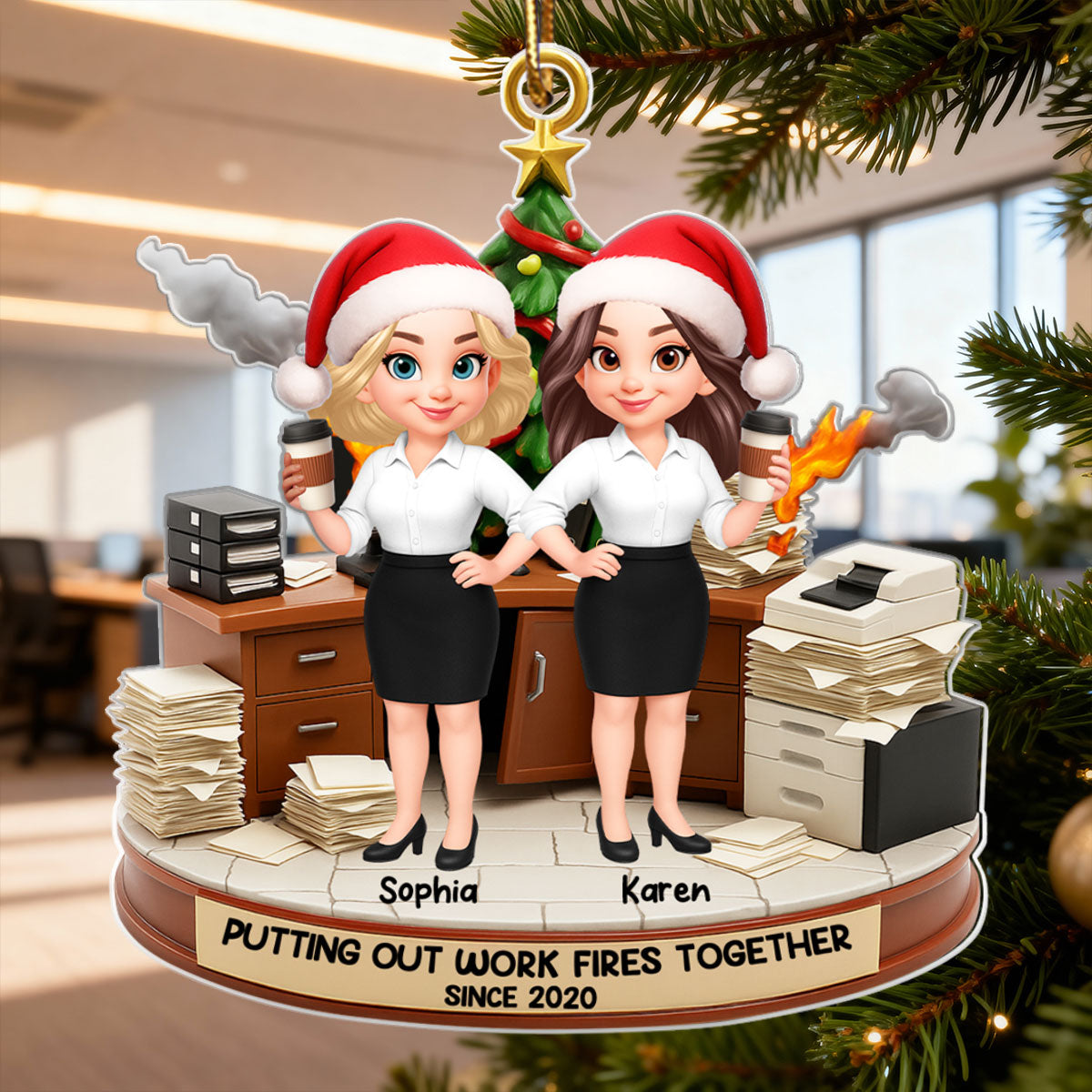 Putting Out Work Fires Together, Office Chaos Funny Coworkers - Personalized Acrylic Ornament - Custom Employee Gift Exchange, White Elephant Gift