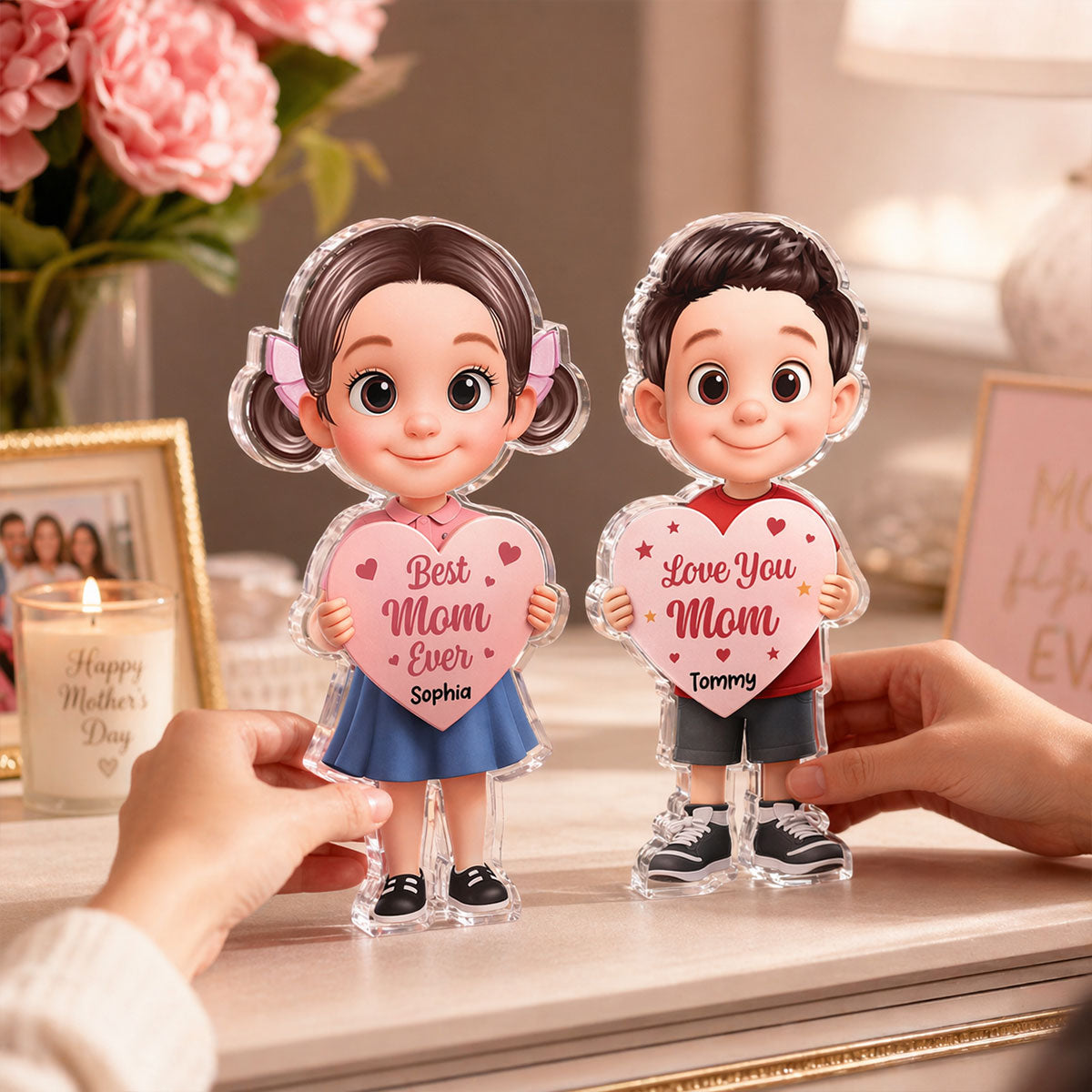 Kid Holding Heart - Personalized Acrylic Block Plaque - Mother's Day Gift for Mom, Wife