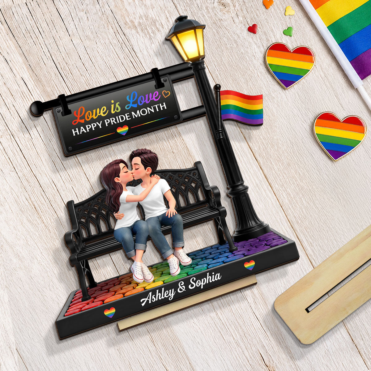 LGBT+ Couple Sitting On Bench Under Lamp Post - Personalized 2-Layered Wooden Plaque - Gift For Couple, Happy Pride Month