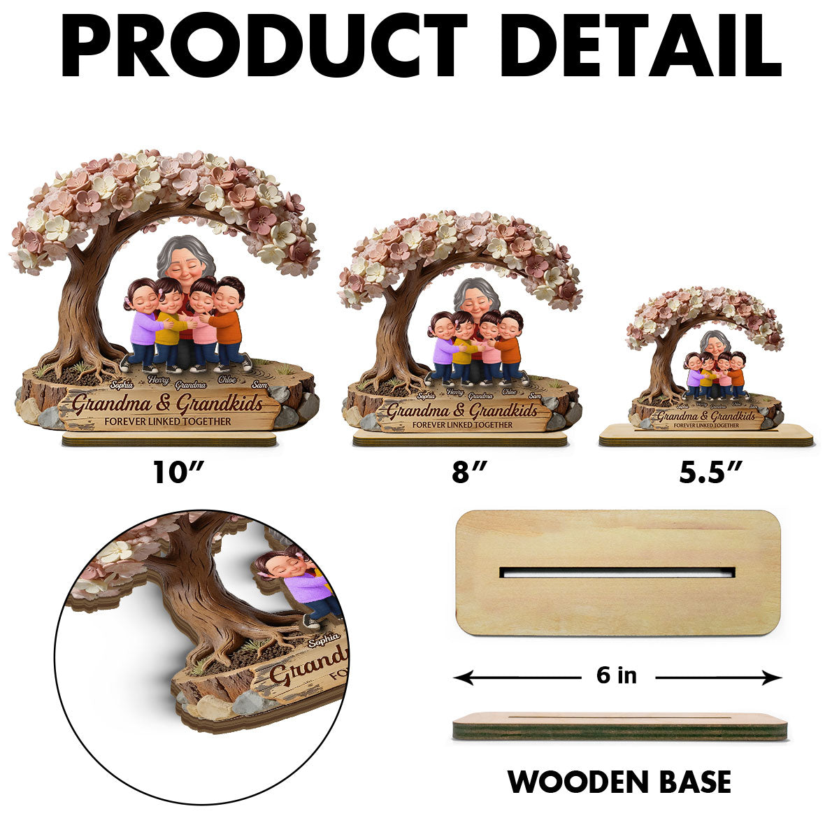 Grandma And Grandkids Under Blossom Tree - Personalized 2-Layered Wooden Plaque - Gift For Mom