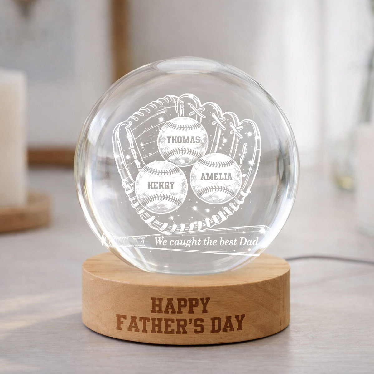 Happy  Baseball Dad - Personalized Crystal Ball LED Night Light -  Gift for Dad, Husband