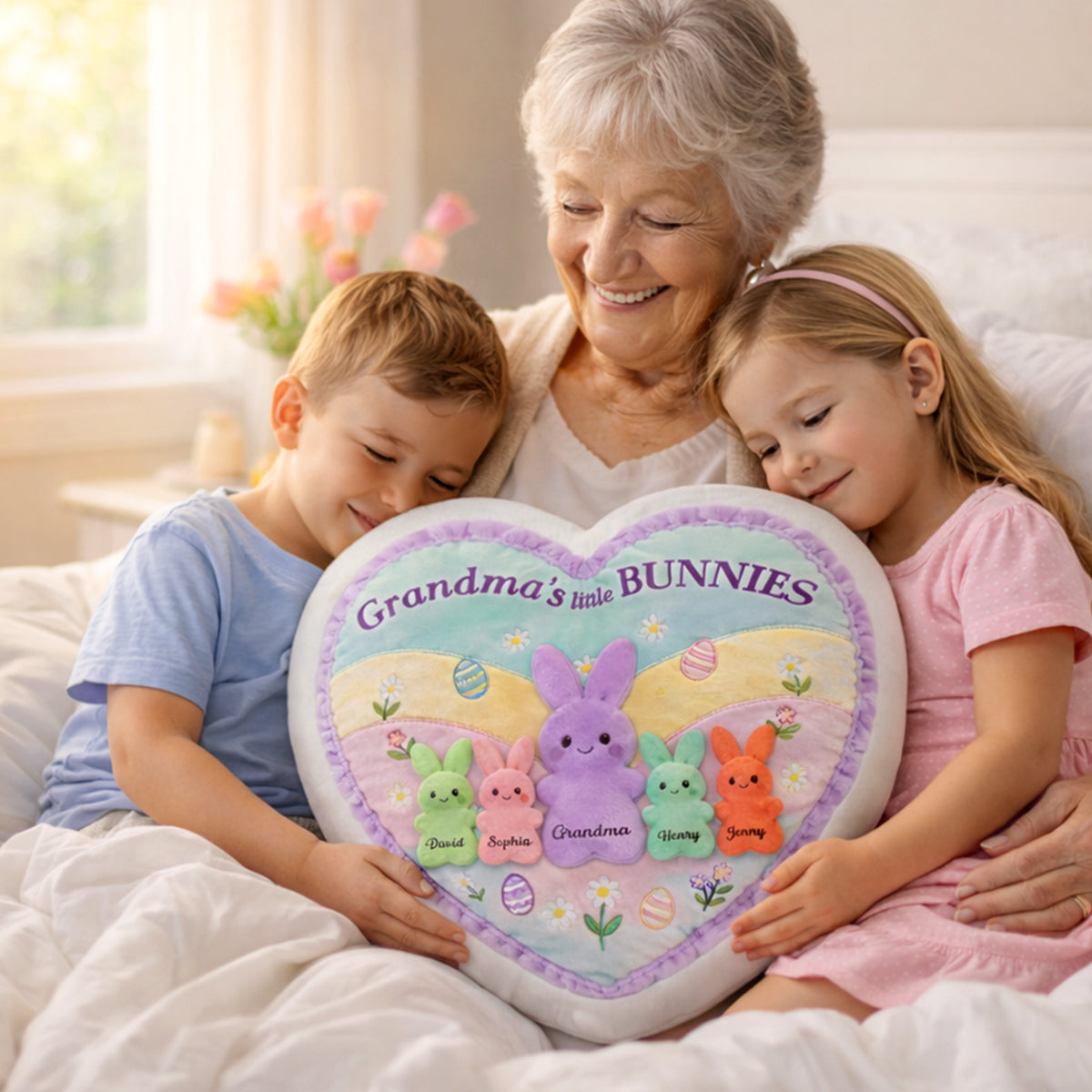 Grandma and Grandkids Bunnies - Personalized Faux Fur Pillow - Easter Decor Gift for Grandma, Mom