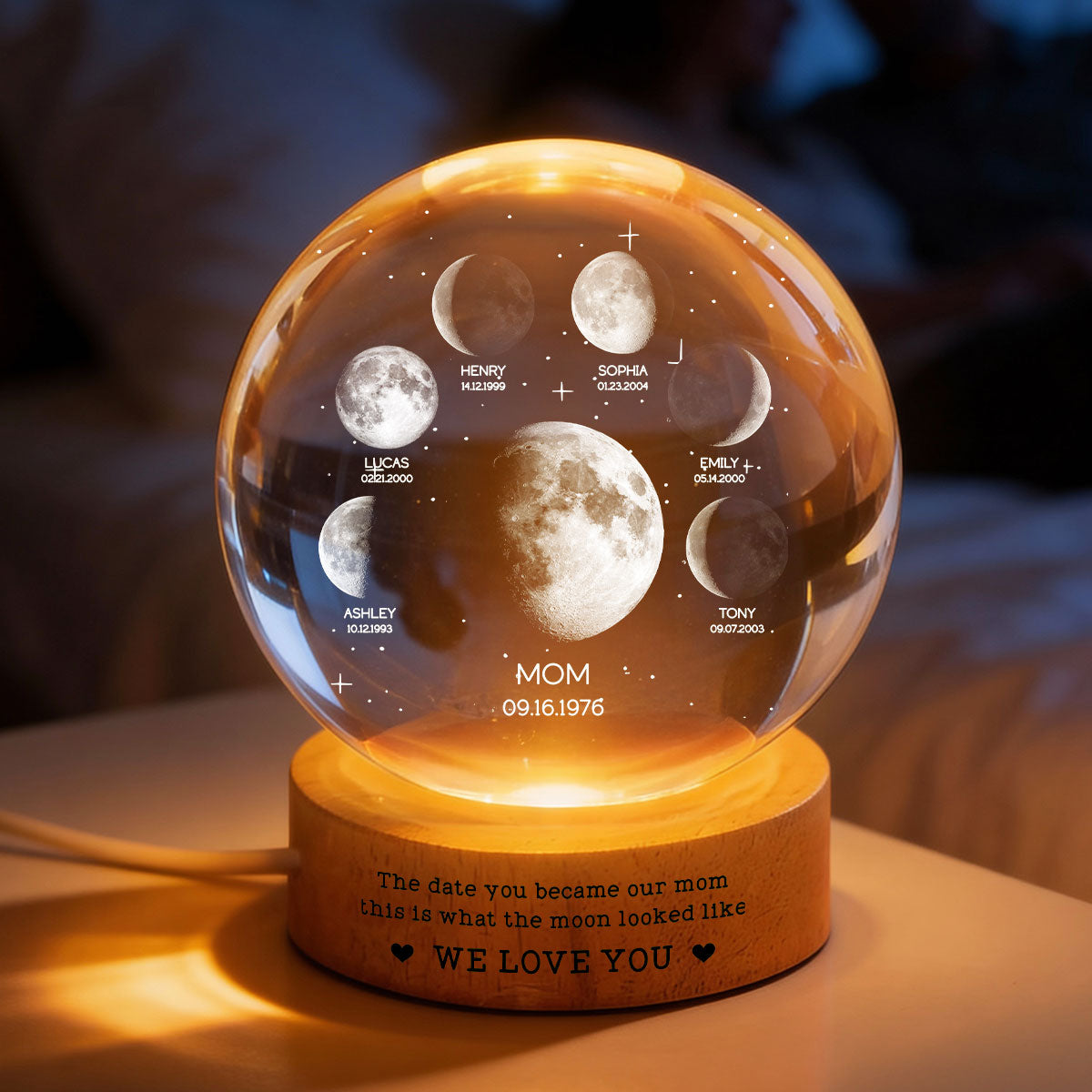 The Date You Became Our Mom We Love You - Personalized Crystal Ball LED Night Light - Gift For Mom, Grandma