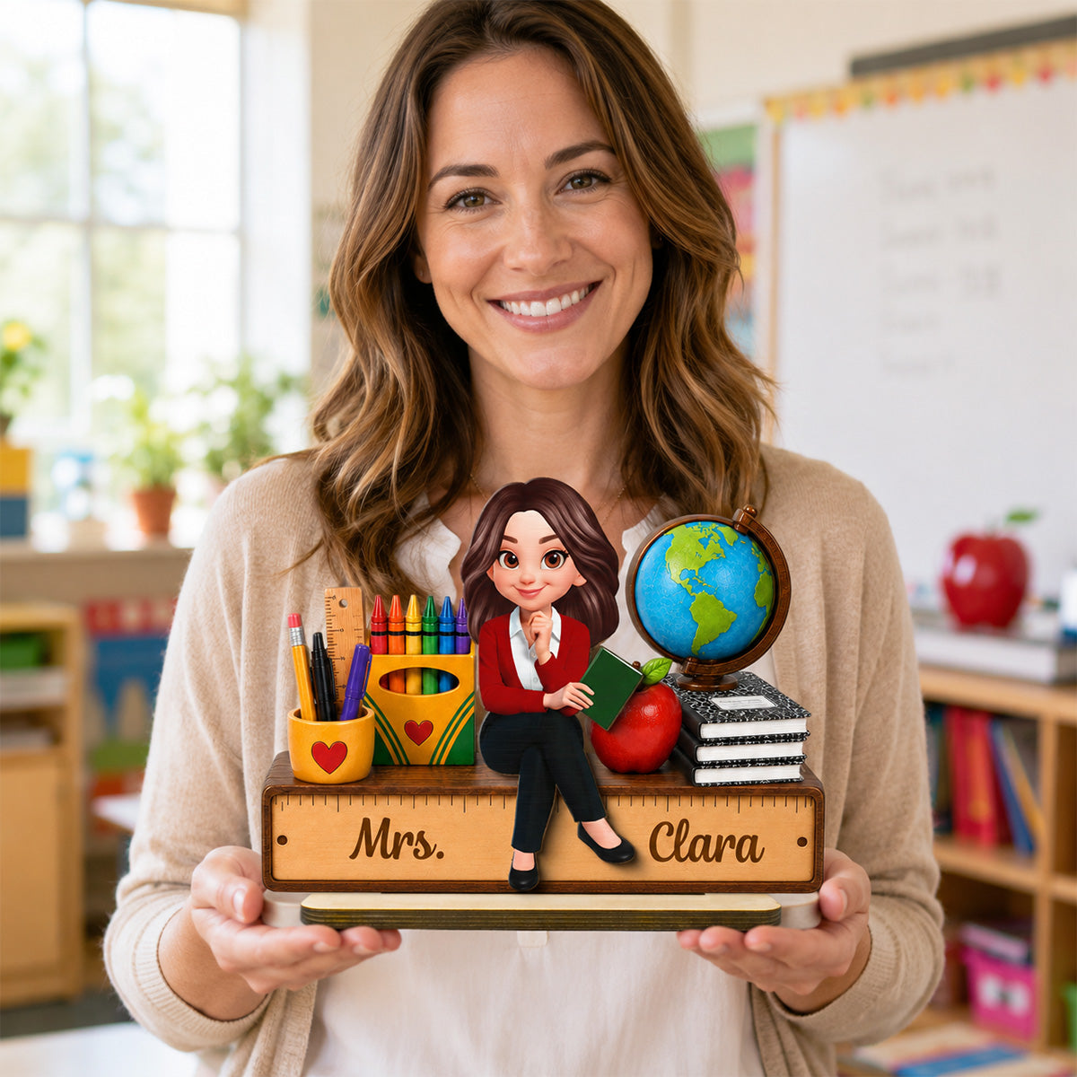 Teacher Sitting With School Supplies 2D Flat - Personalized Wooden Plaque - Back To School Gift For Teacher