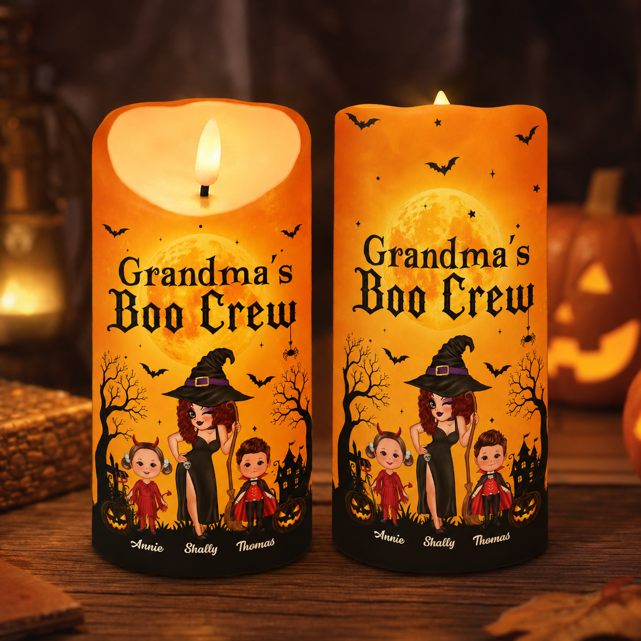 Grandma's Boo Crew Grandma Pretty Witch & Kids - Personalized LED Candle - Perfect Halloween Decor for Grandma