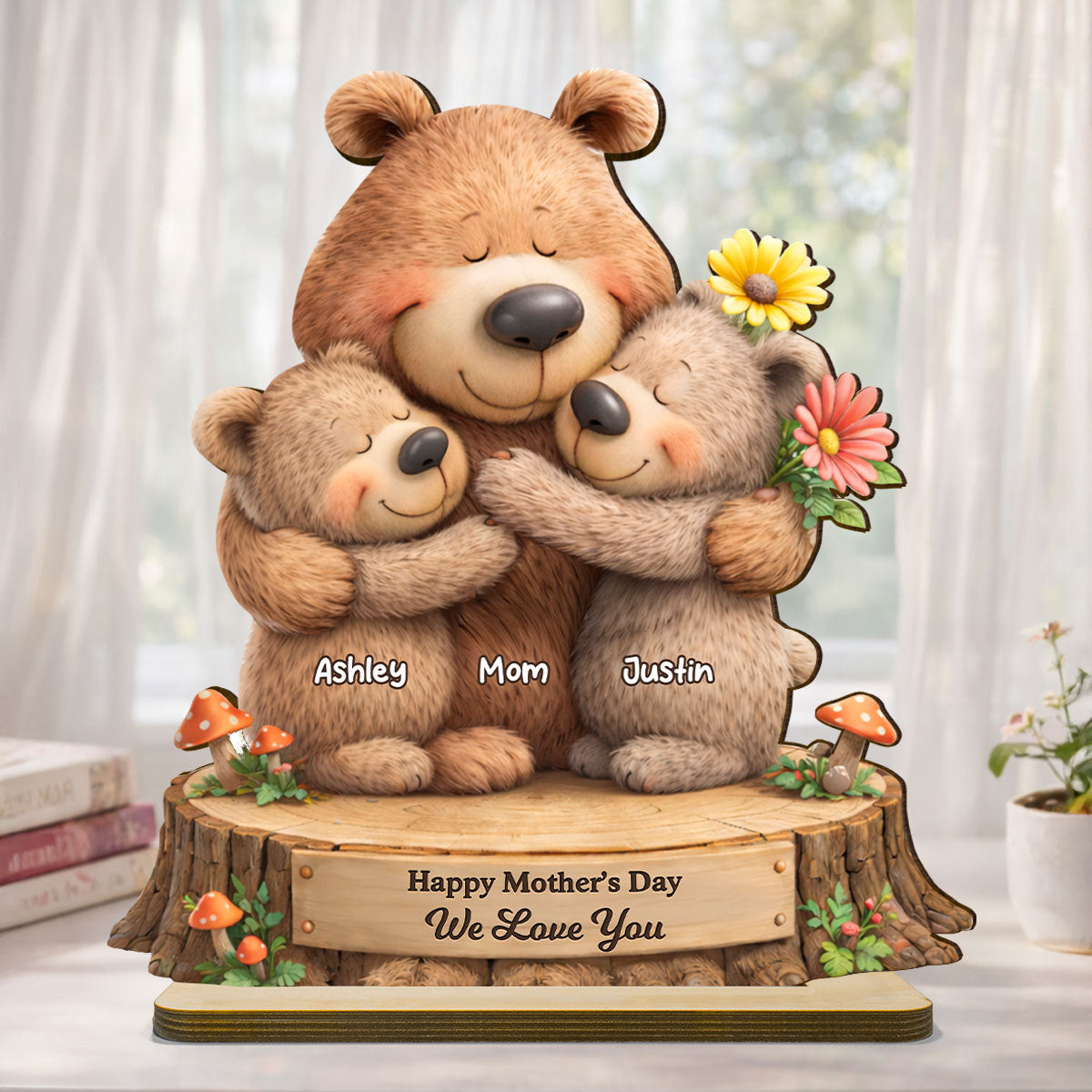 Loving Bears Mom & Kids - Personalized 2-Layered Wooden Plaque - Heartfelt Mother's Day Gift for Mom